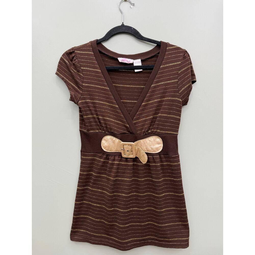 Ultra Flirt Y2K Brown Gold Striped Belted Mini Dress Medium 2000s - Picture 2 of 4